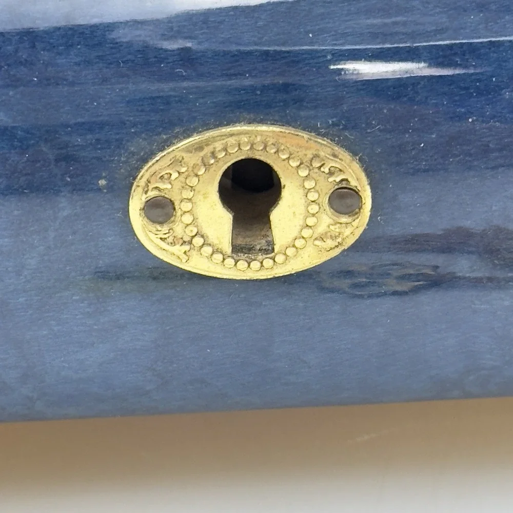 REUGE JEWELRY MUSIC BOX Wood Blue Beige Floral Inlay Italy Memory Cats Key Vtg